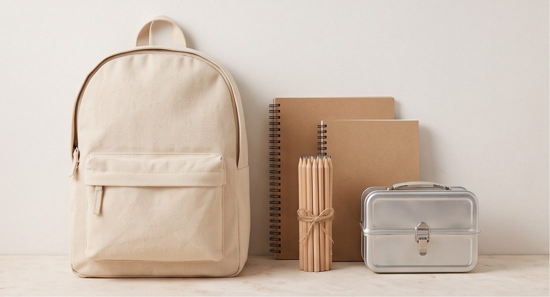 A canvas backpack, notebooks, pencils and a lunch tin