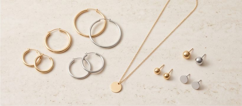 Plain gold and silver hoops, a fine chain necklace and stud earrings