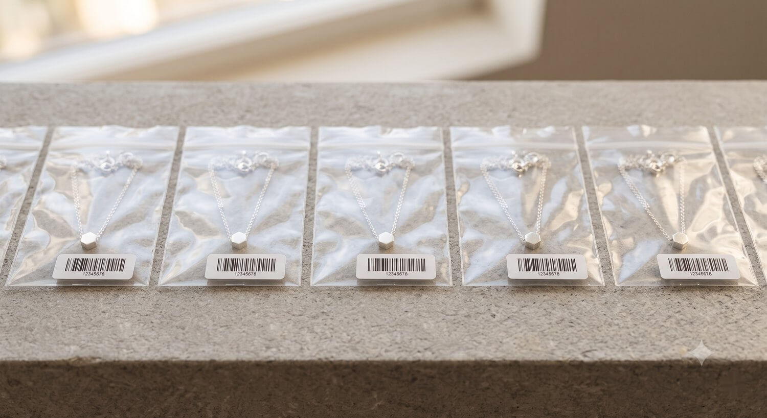 A row of matching bagged necklaces, each with a barcode label, finished to one consistent standard