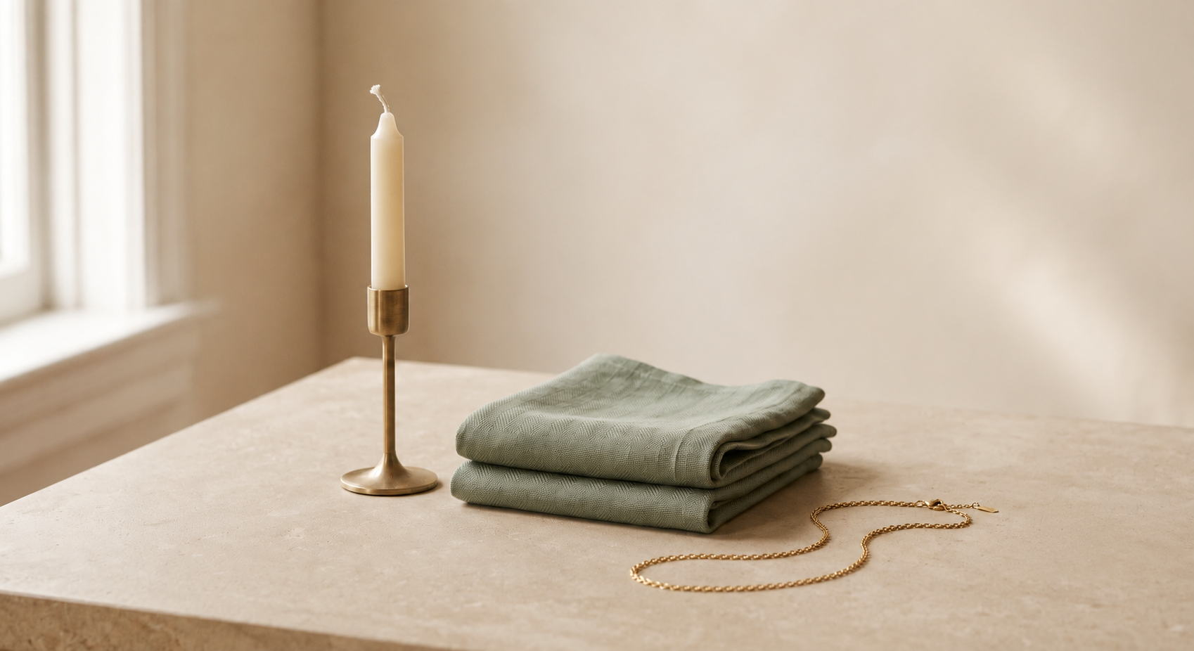 A considered grouping of finished products representing managed volume fulfillment, on a stone surface.