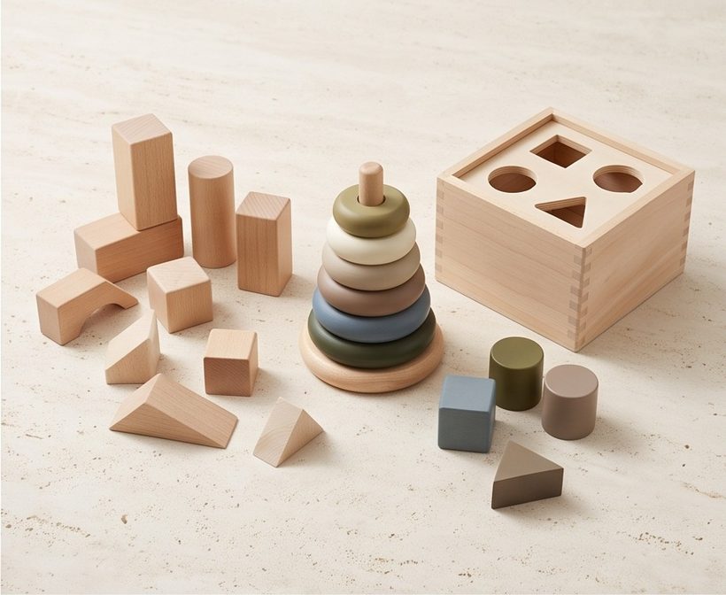 Wooden blocks, stacking rings and a shape sorter