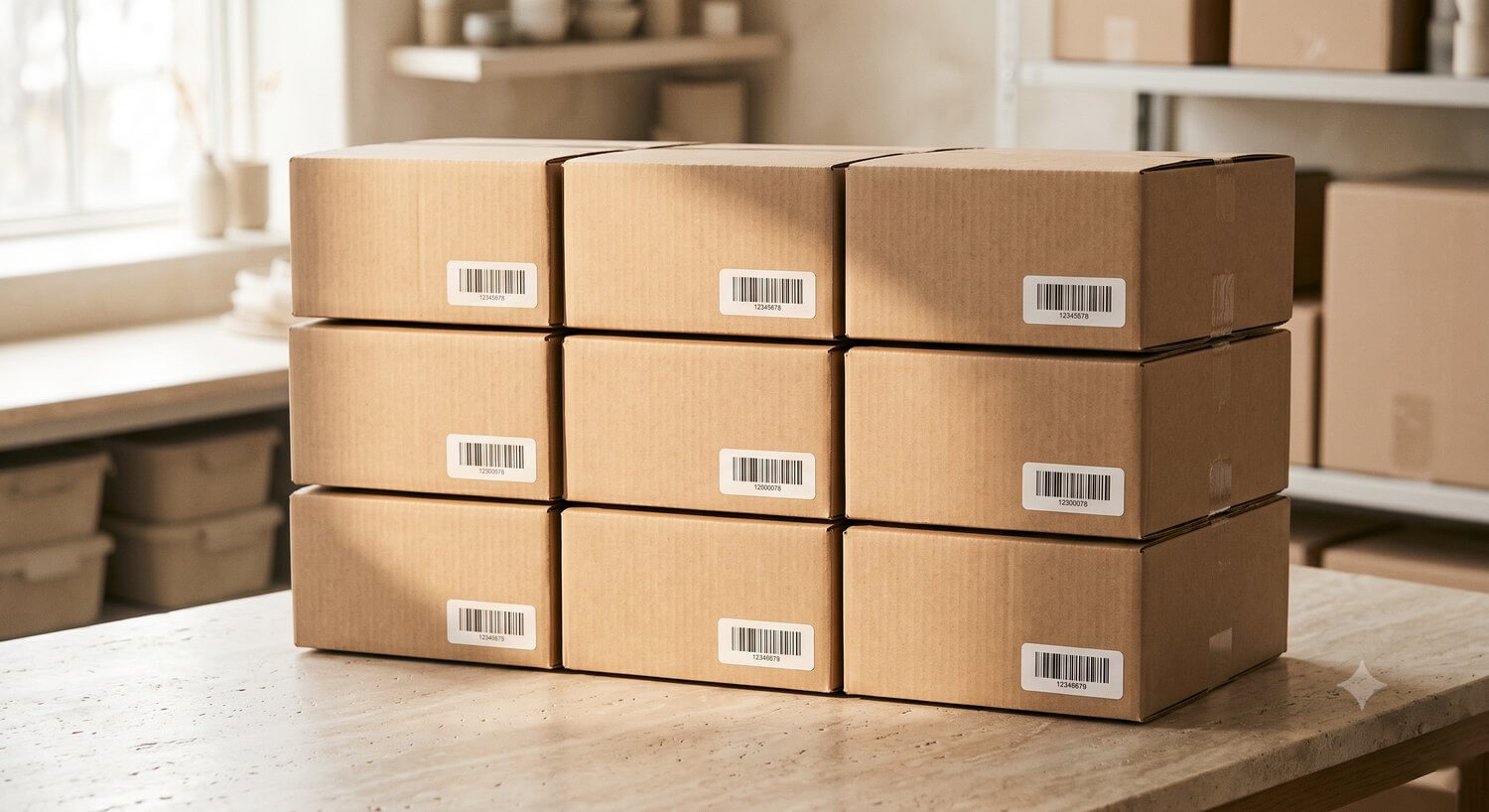 A neatly stacked grid of barcoded kraft cartons prepared as part of the same hands-on process