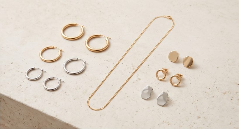 Plain gold and silver hoops, a fine chain necklace and stud earrings