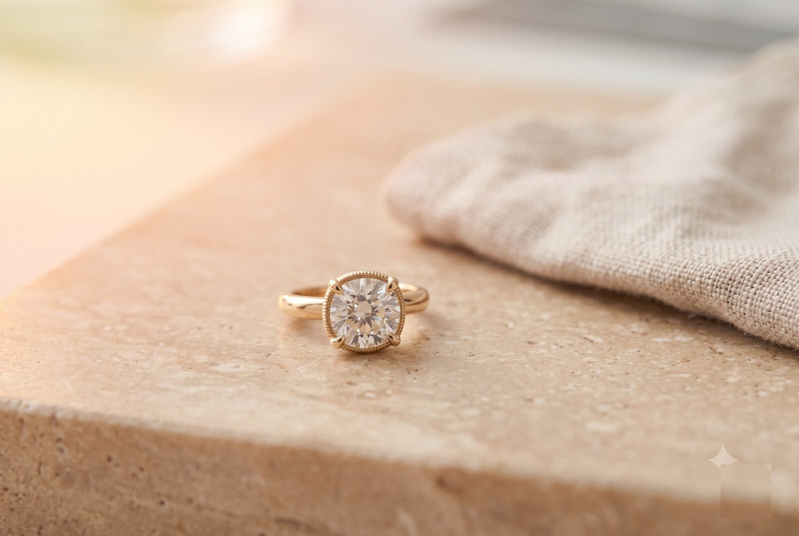 A finished, inspected ring resting on a warm stone surface beside a soft cloth, ready to ship