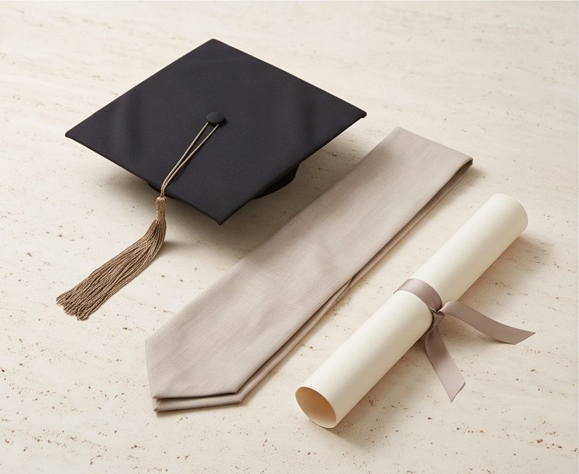 A mortarboard cap, a sash and a rolled scroll
