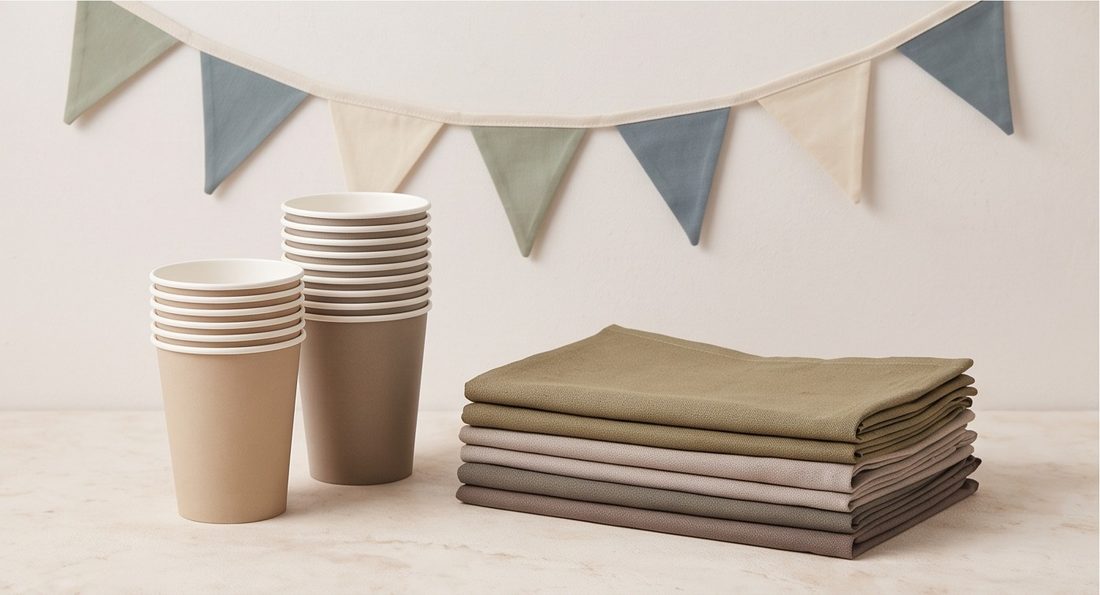 Paper cups, folded napkins and simple bunting