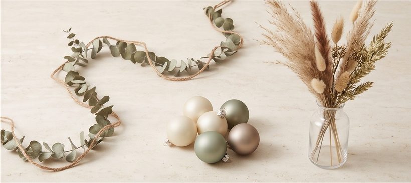 A eucalyptus garland, baubles and dried foliage