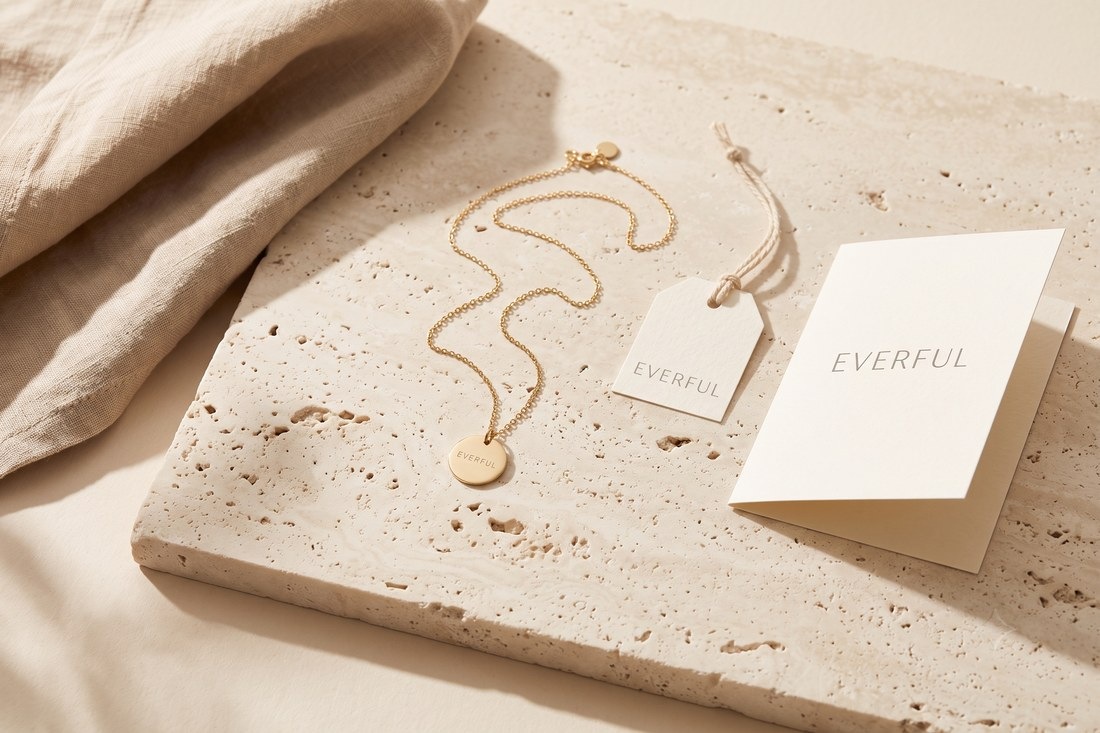 A gold pendant engraved MAISON beside a branded hang tag and folded card