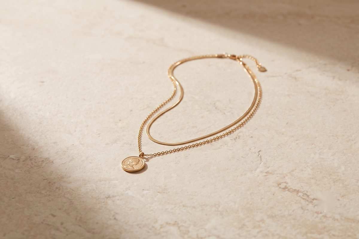 A single gold pendant necklace on a stone surface under directional light