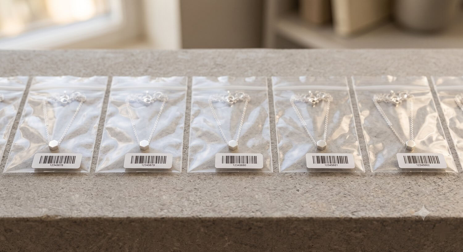 A row of sequentially barcoded, bagged necklaces prepared for private label and resale