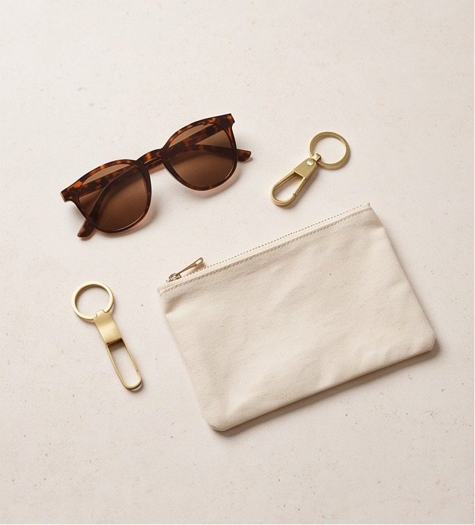 Sunglasses, keychains and a canvas pouch