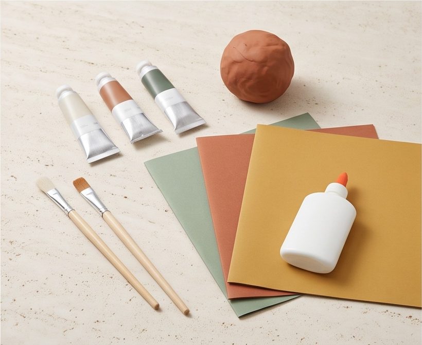 Paint tubes, brushes, clay, construction paper and glue
