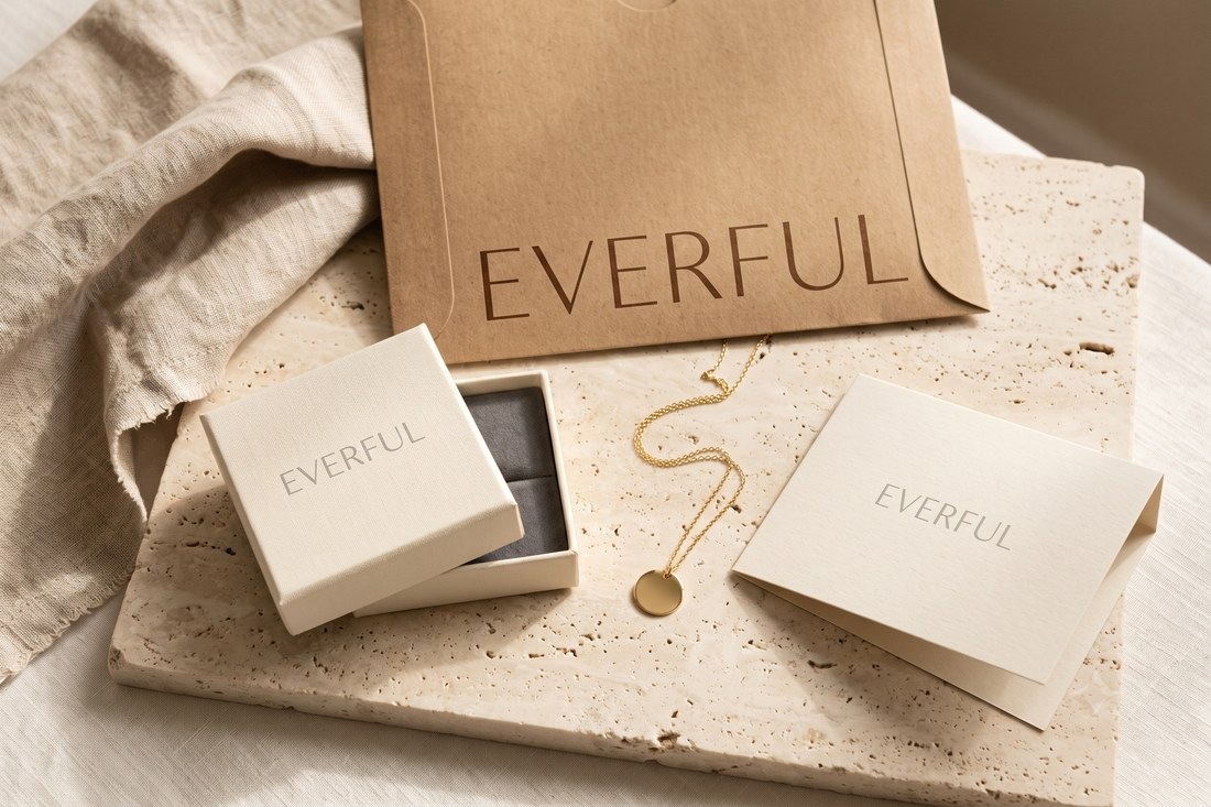 A branded MAISON jewelry box, mailer, and card with a gold pendant necklace