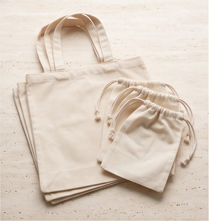Plain canvas totes and drawstring bags