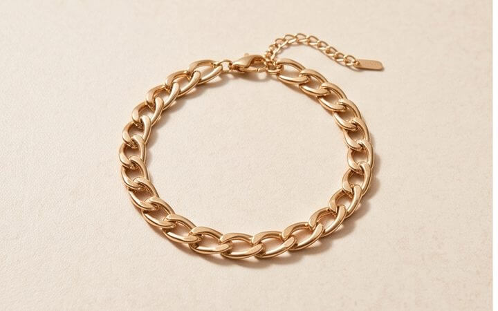 A single gold chain bracelet on a stone surface
