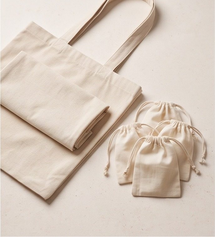Folded canvas totes and drawstring bags