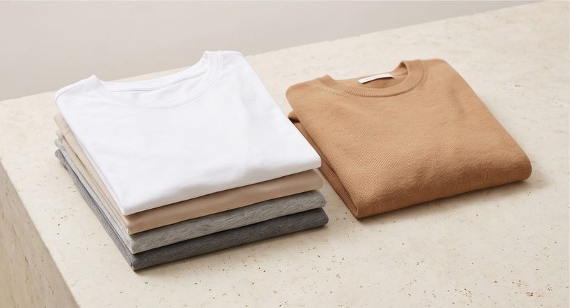 Folded neutral t-shirts and a sweater