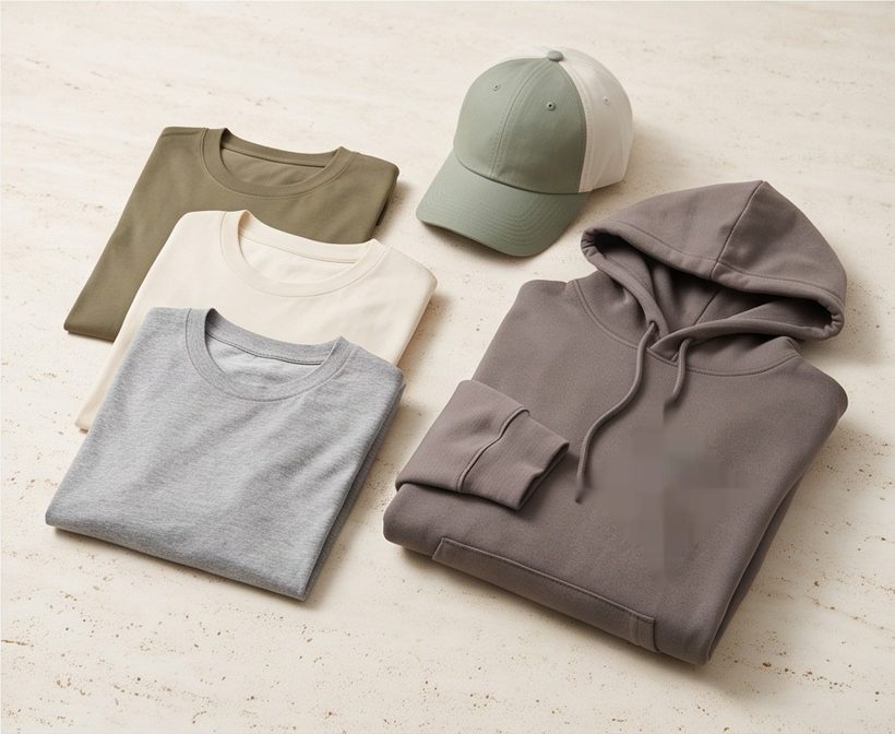 Folded plain t-shirts, a hoodie and caps