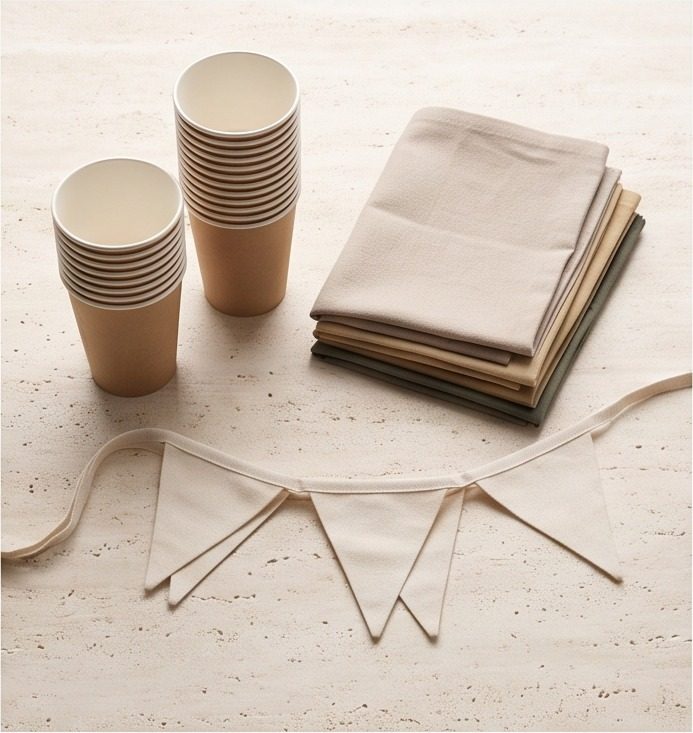 Paper cups, napkins and simple bunting