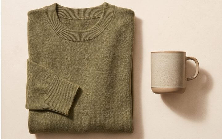 A folded knit garment beside a ceramic mug