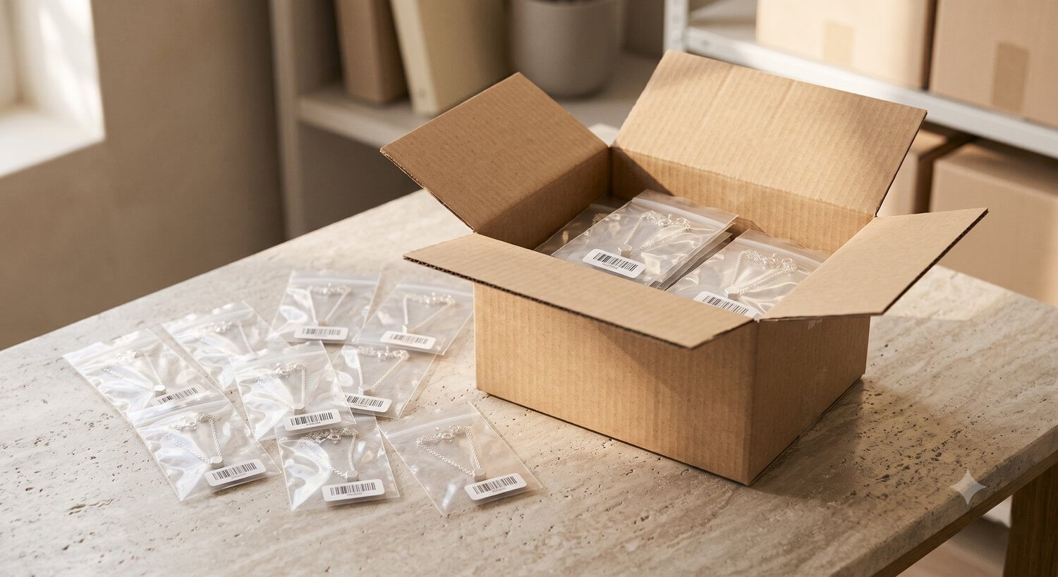 An open kraft carton with barcoded, bagged necklaces laid out ready to receive and reorder