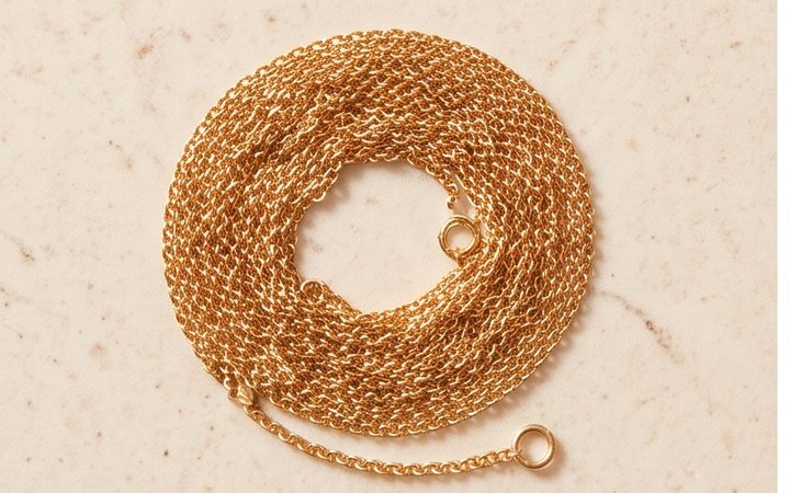 A coil of fine gold chain on a stone surface