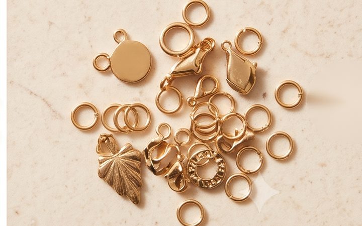 Gold charms and jump rings on a stone surface