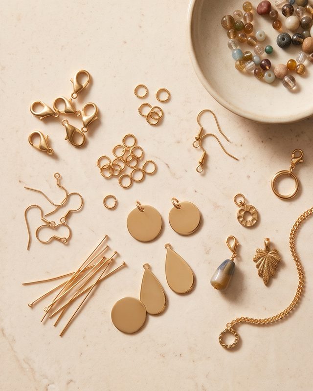 Gold jewelry findings, blanks, charms and beads on a stone surface