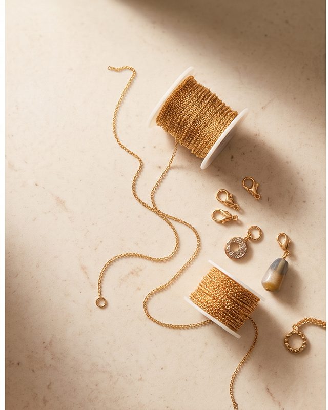 Spools of fine gold chain with clasps and charms on a stone surface