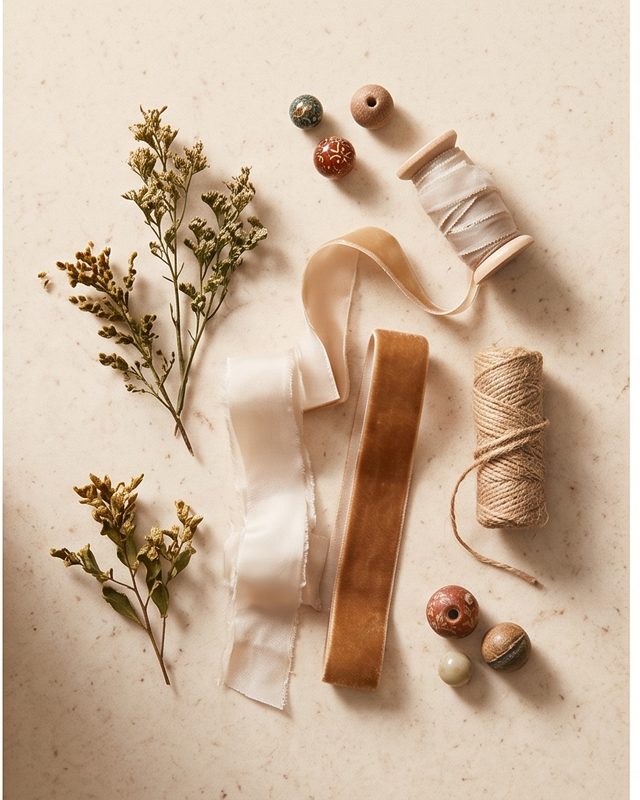 Ribbon, twine, dried foliage and decorative beads on a stone surface