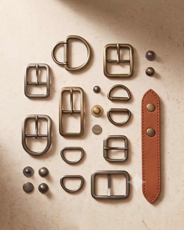 Metal buckles, D-rings, rivets and a leather strap end on a stone surface