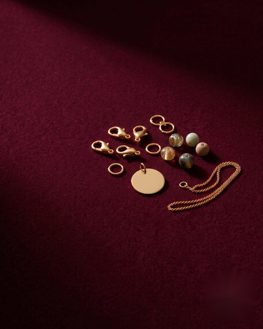 Gold jewelry findings, a blank pendant disc, beads and fine chain on a deep burgundy background