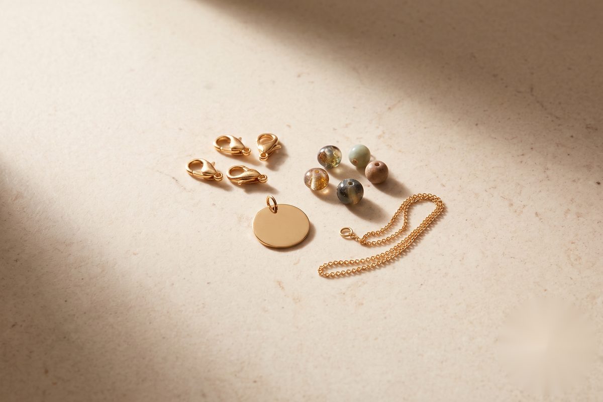 A single gold pendant necklace on a stone surface under directional light