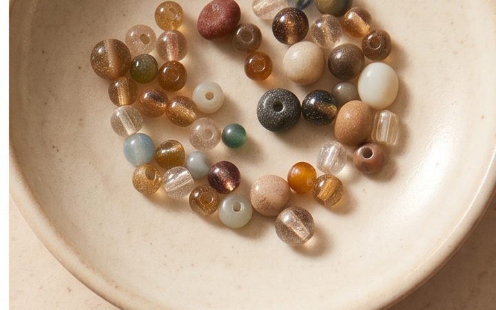 Mixed glass and stone beads in a shallow ceramic dish