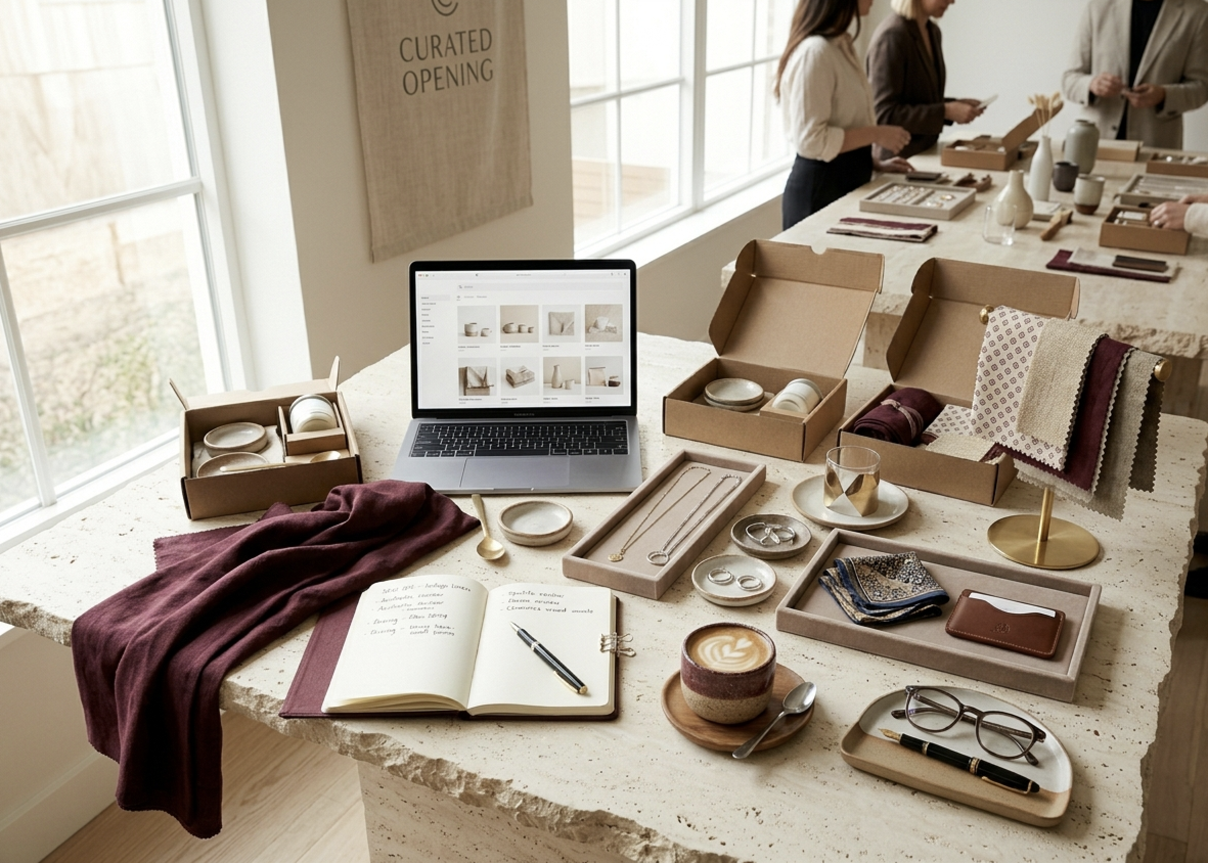A retailer's desk with opened wholesale sample boxes of jewelry and accessories spread out for evaluation.