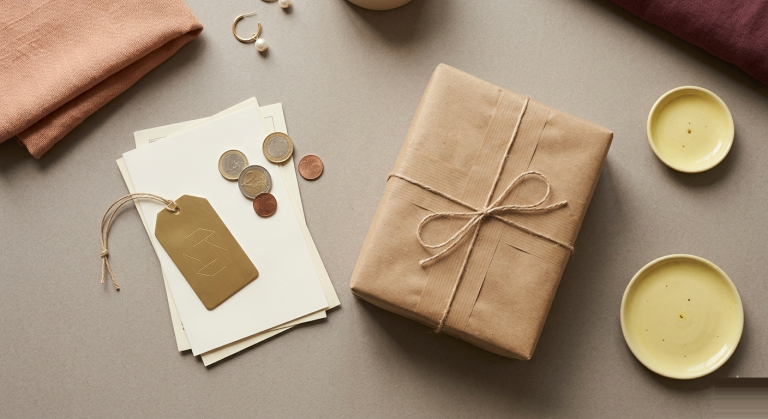A kraft-paper wrapped parcel tied with twine beside customs paperwork, a brass luggage tag and euro coins on a warm stone-grey surface