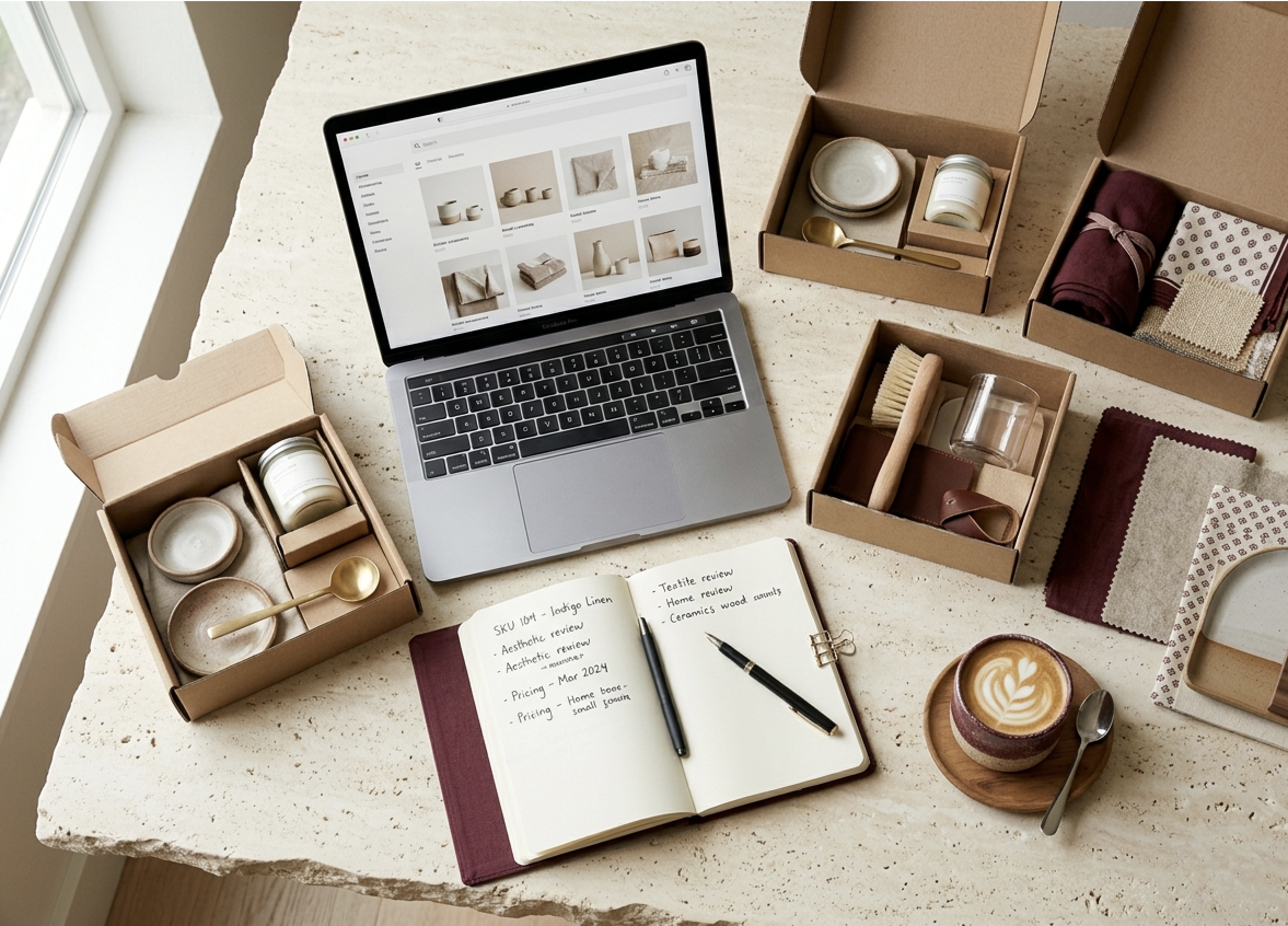A retail buyer's desk mid-sourcing — a laptop showing a product catalog, an open notebook, sample boxes, and fabric swatches laid out on a stone surface