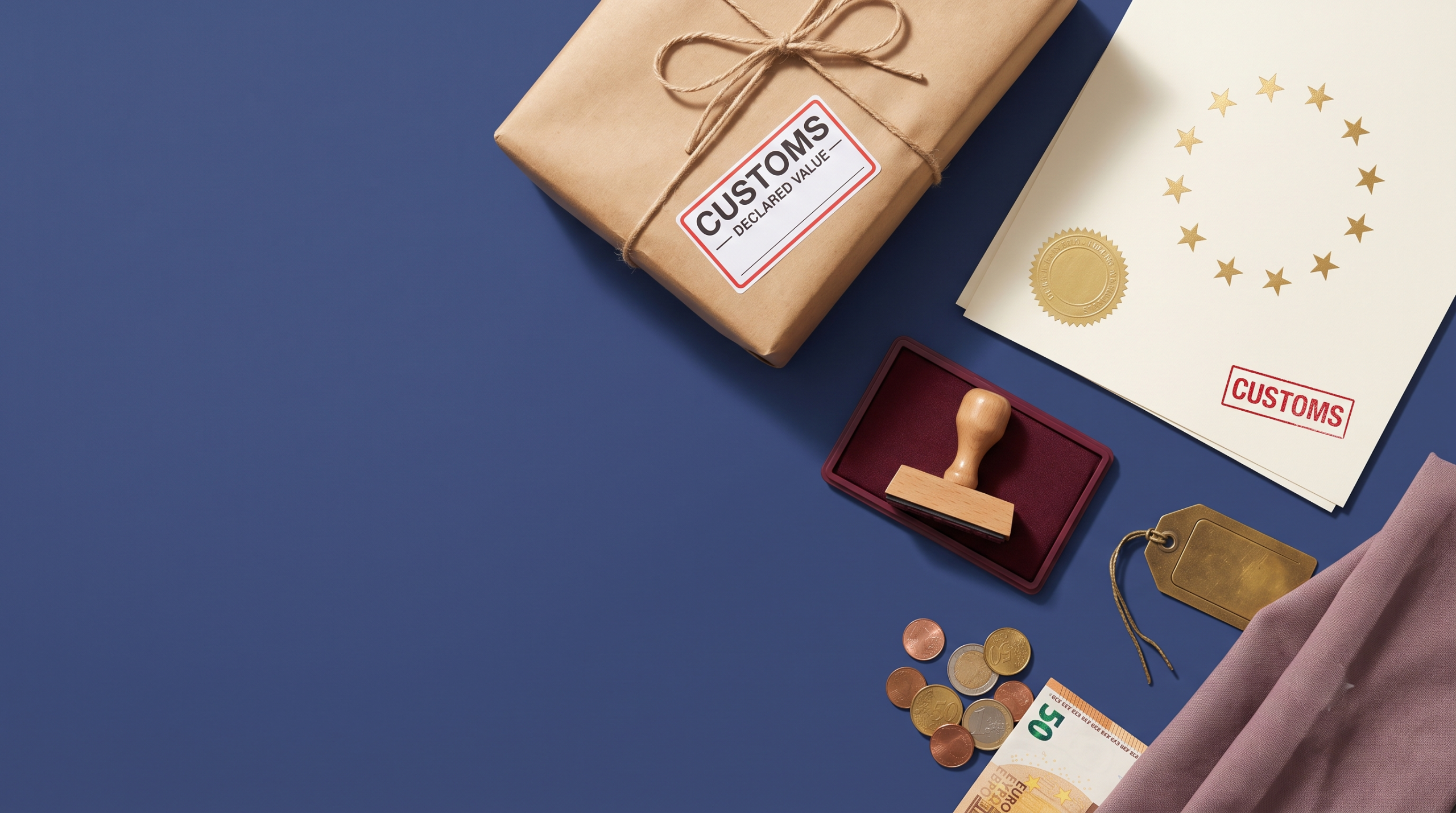 Customs flat lay on navy — a brown parcel with a customs declared-value label, an official document with EU gold stars and a seal, a rubber stamp, and euro coins.