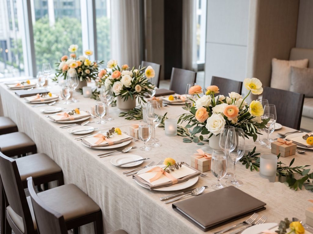 A corporate event tablescape set with coordinated décor and serving pieces