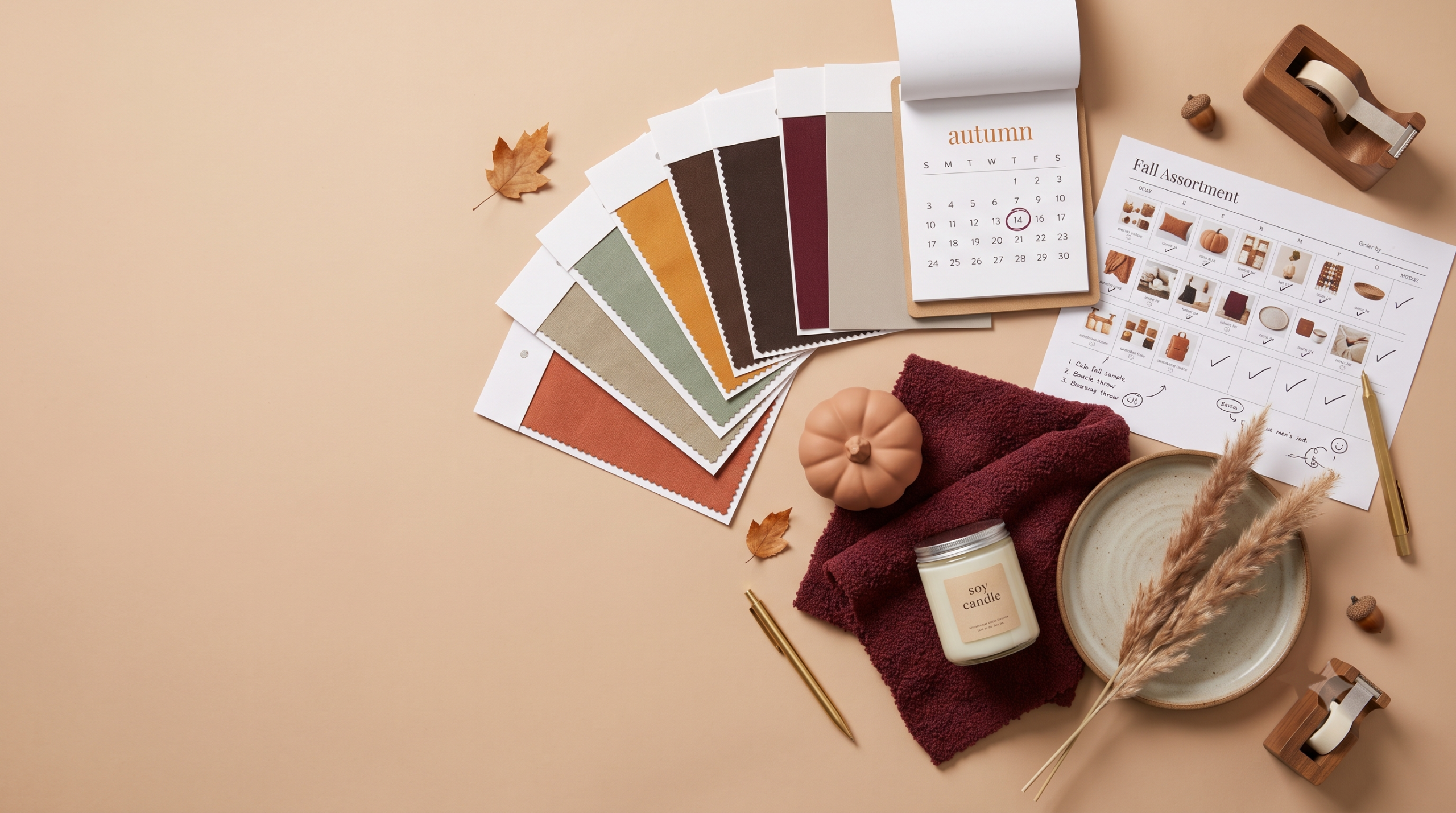 Fall retail planning still life with color swatches, a calendar, a planning sheet, and autumn product samples on a stone surface