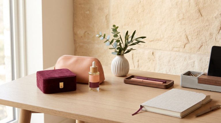 A clean office desk setup with organizers, a notebook, and small décor pieces