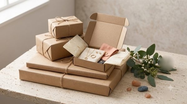 Kraft parcels and holiday packaging materials arranged with a shipping calendar