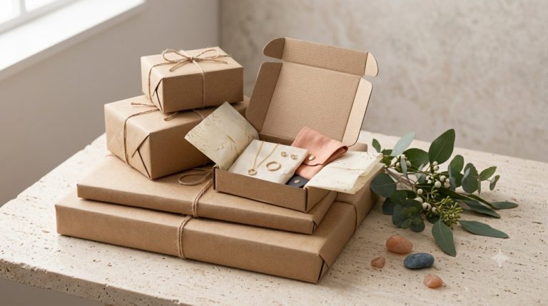 Kraft shipping parcels tied with twine on a stone surface, one open to reveal tissue-wrapped gold jewelry, beside eucalyptu