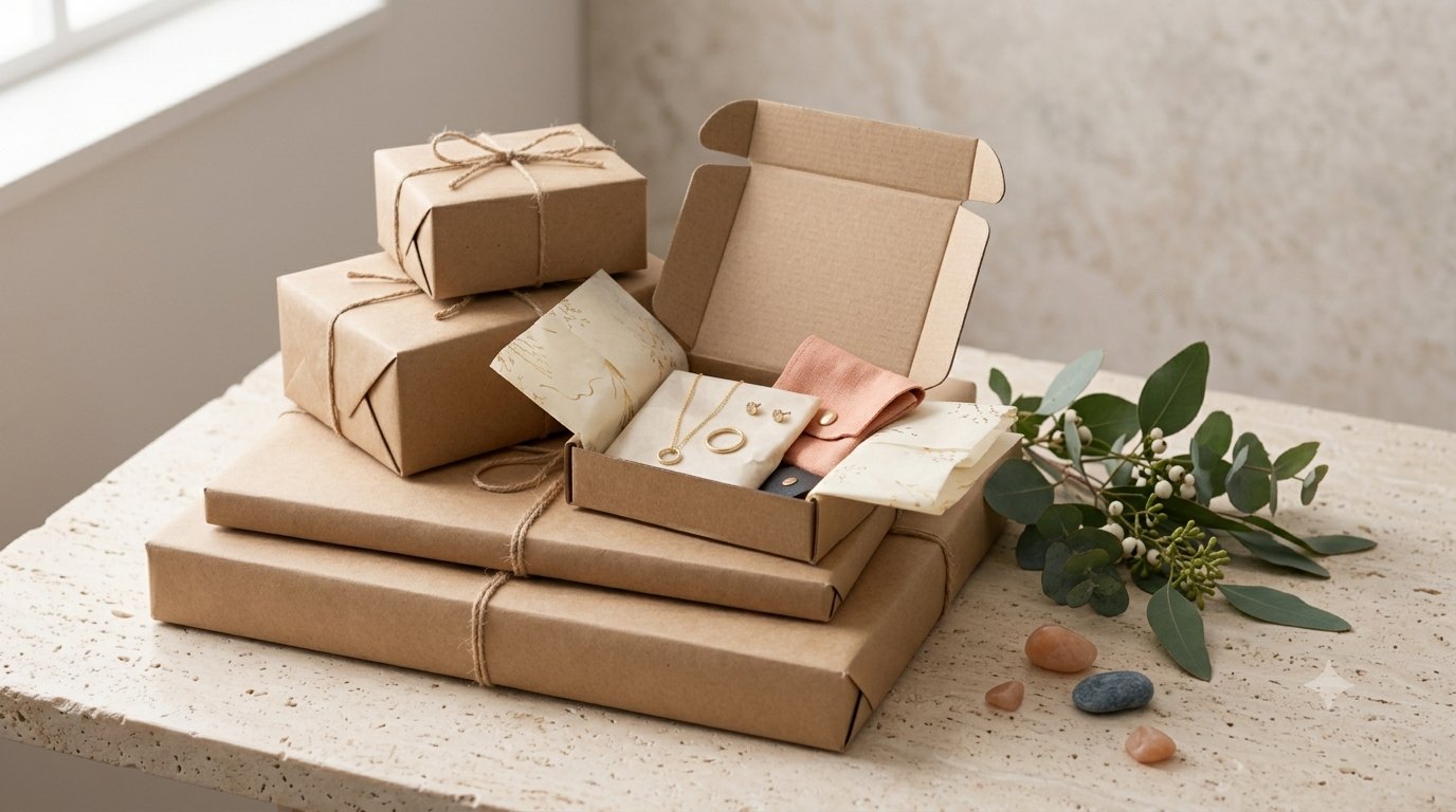 Kraft shipping parcels tied with twine on a stone surface, one open to reveal tissue-wrapped gold jewelry, beside eucalyptu