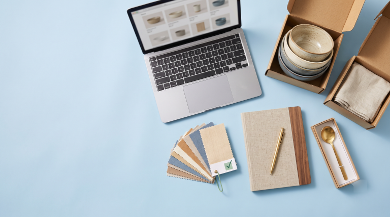 Wholesale buyer's desk flat lay — laptop showing a product catalog, sample boxes with ceramics and linen, and fabric swatches marked approved.