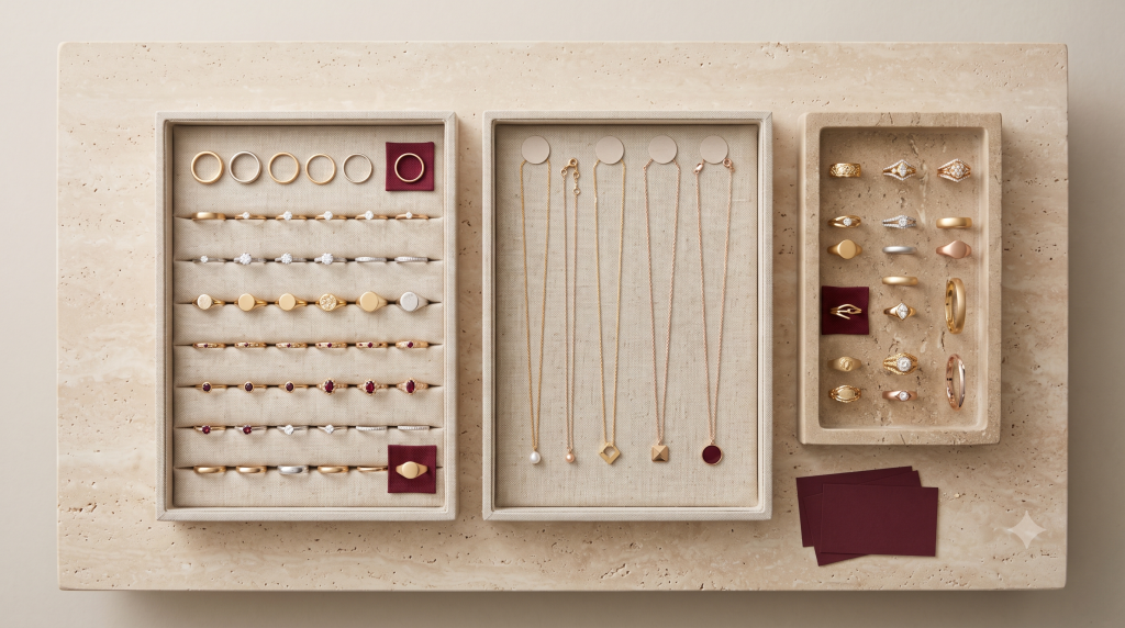 Gold and silver jewelry laid out together as a held wholesale assortment
