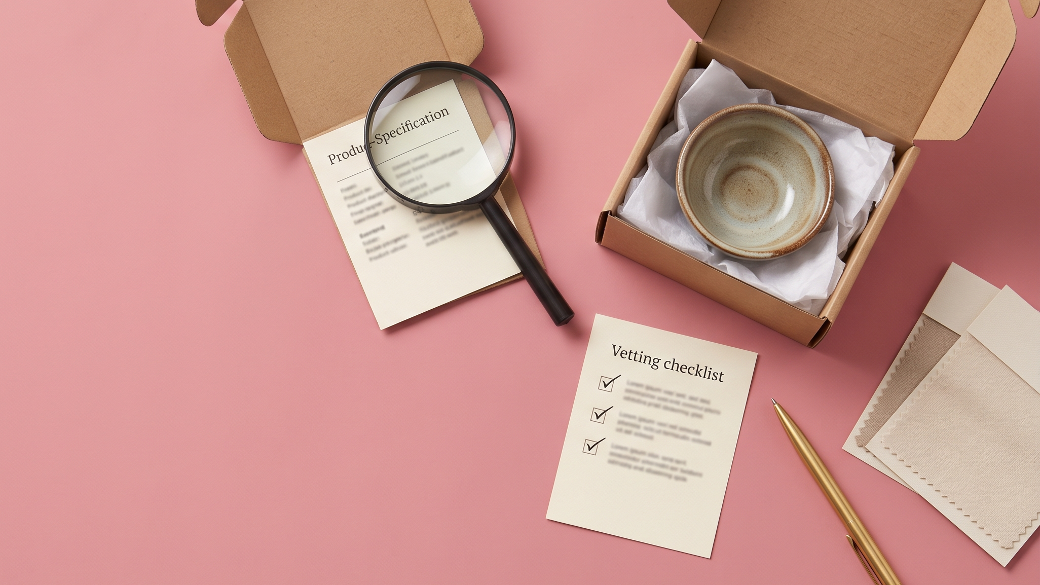 No-minimum sourcing flat lay on rose — one ceramic bowl in a kraft box, a magnifying glass over a product-spec sheet, and a supplier vetting checklist.