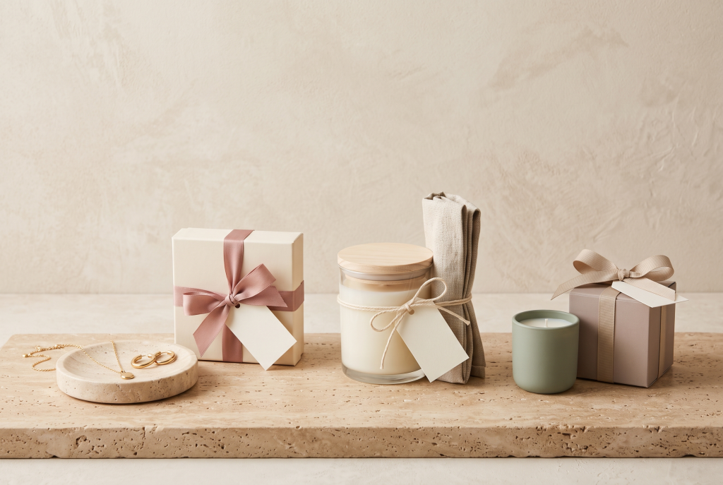 Several holiday gift sets grouped by theme, each pairing coordinated pieces with matching packaging
