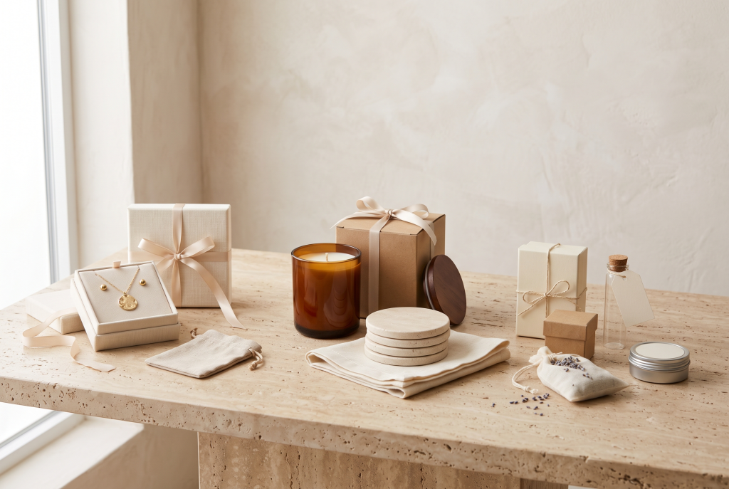 A mixed spread of jewelry, home, and small gift sets in coordinated packaging on a stone surface