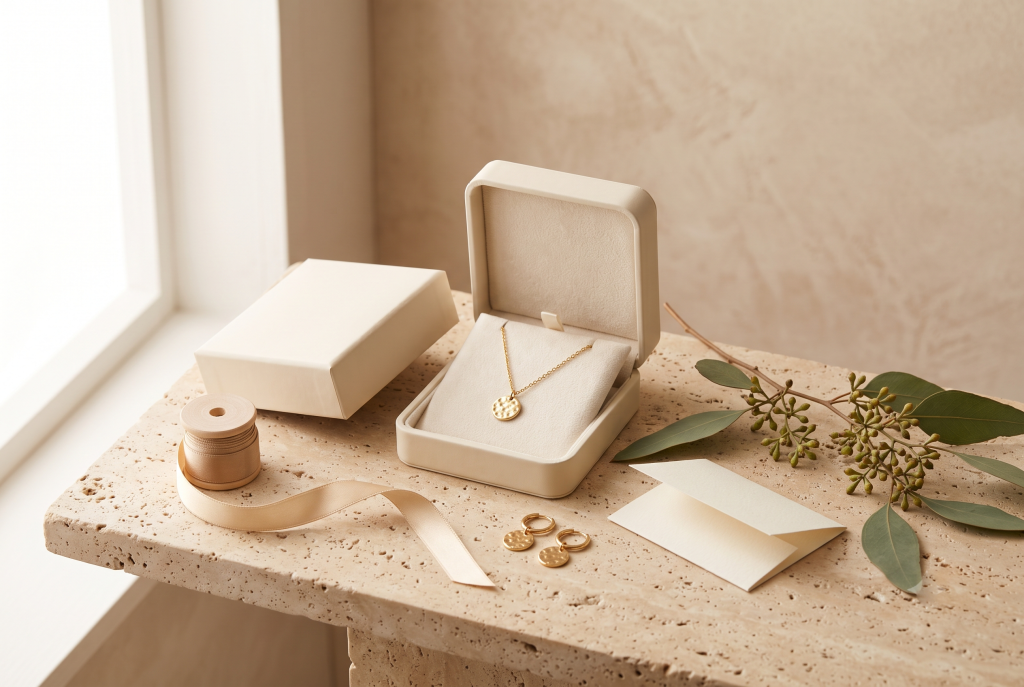 A necklace and earrings presented in an open jewelry box, assembled as a ready-to-give Christmas set